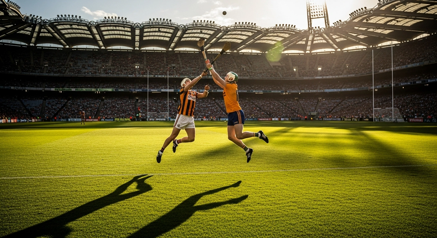 Two hurling players compete for the ball during the All-Ireland Senior Hurling Championship final at a packed Croke Park stadium in Dublin.