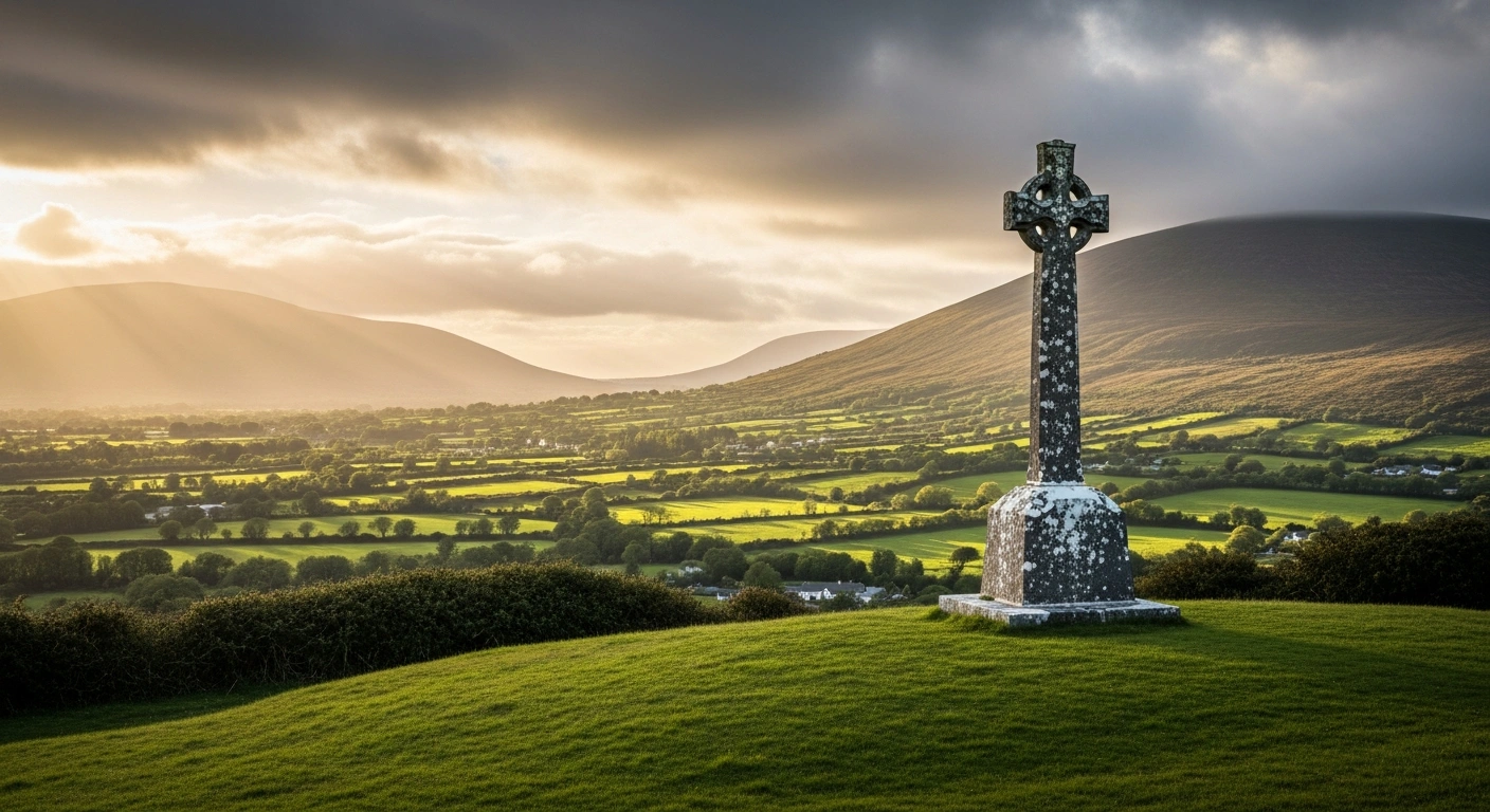 A stone cross stands in a green Irish meadow near the Knock Shrine, representing the site of the upcoming All Ireland Rosary Rally.