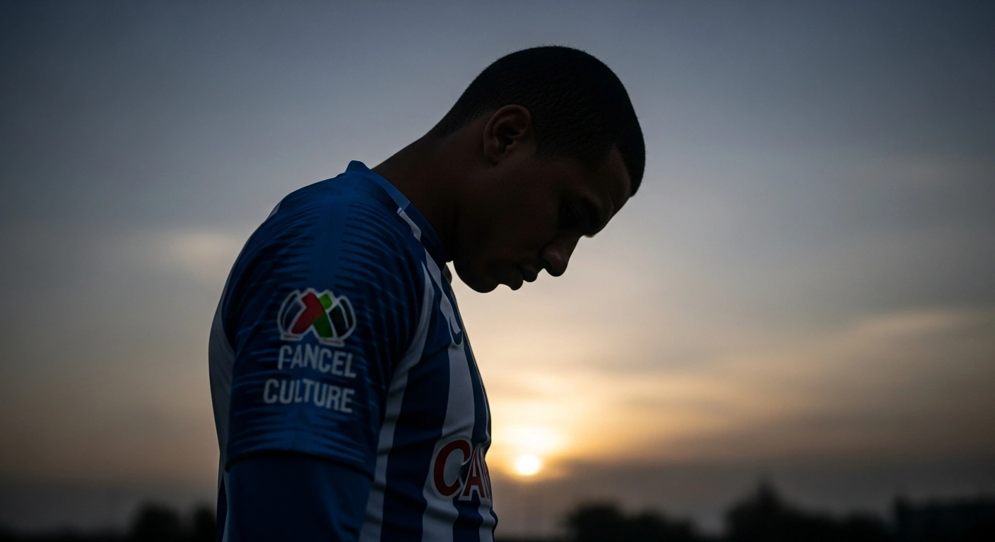 A powerful, low-angle shot captures the silhouette of French footballer Allan Saint-Maximin, his shoulders broad and resolute, standing against a somber twilight sky, symbolizing his protective departure from Club America following racist incidents targeting his children.