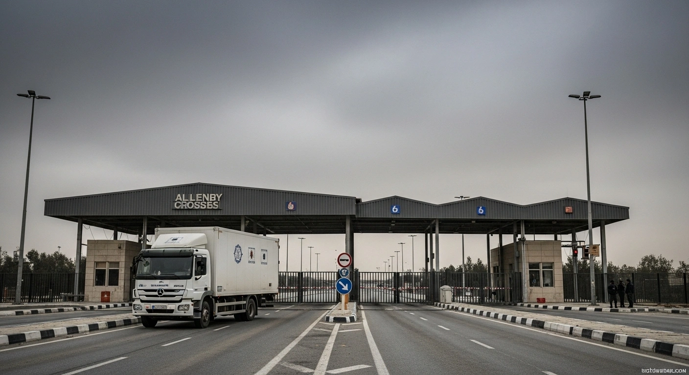 A deserted Allenby Crossing border gate is closed, with a large white humanitarian aid truck parked askew in the foreground, symbolizing the halted aid deliveries to Gaza following an attack where a Jordanian truck driver killed two Israeli soldiers.
