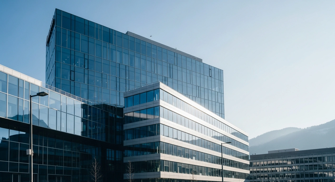 A modern corporate skyscraper stands in a Swiss financial district representing the new headquarters of Allianz Risk Transfer AG.