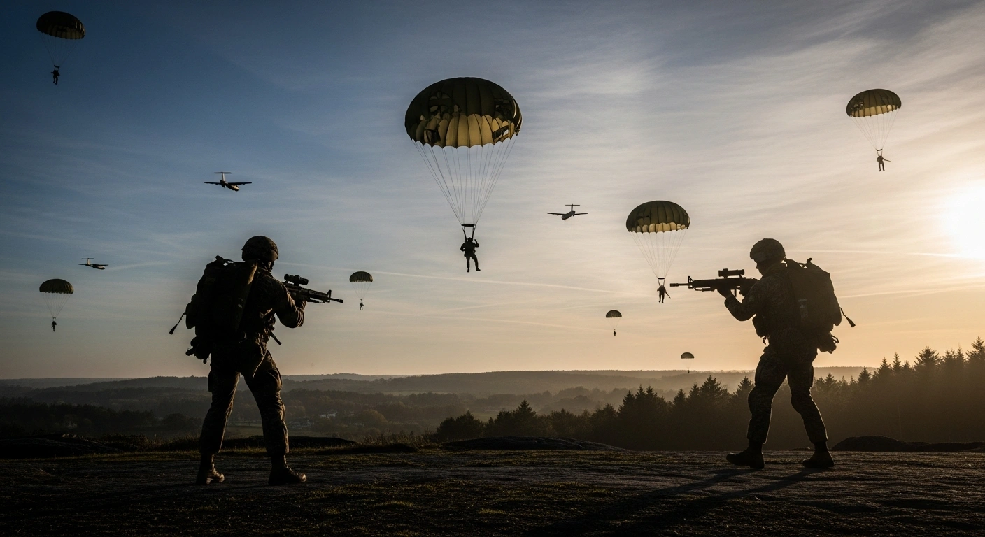 British, French, and Italian paratroopers, including elements of the UK's 16th Air Assault Brigade and France's 11th Parachute Brigade, are shown during joint airborne landing and combat exercises in Brittany, France, preparing for potential peacekeeping operations.