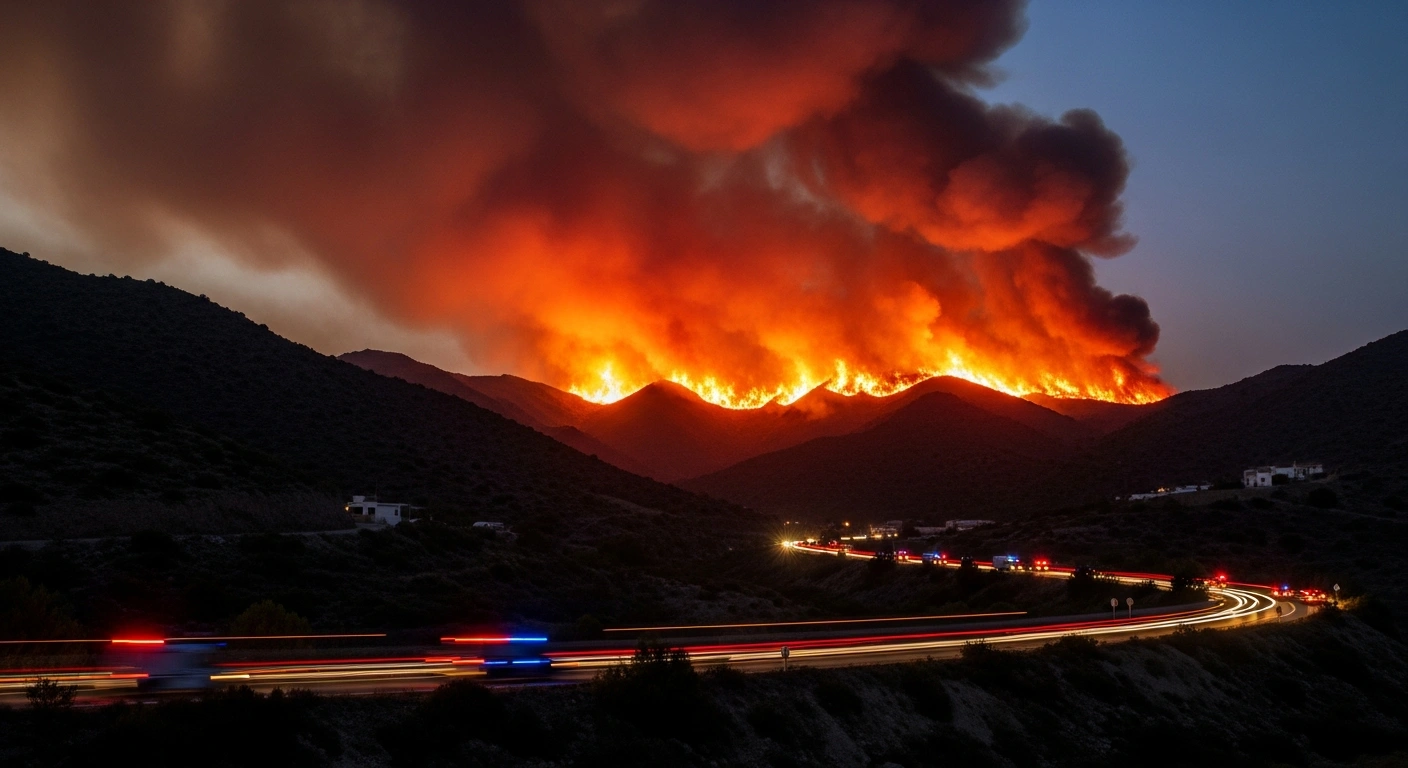 A devastating wildfire burns across the landscape in Almeria, Spain, as emergency services respond to the fatal disaster.