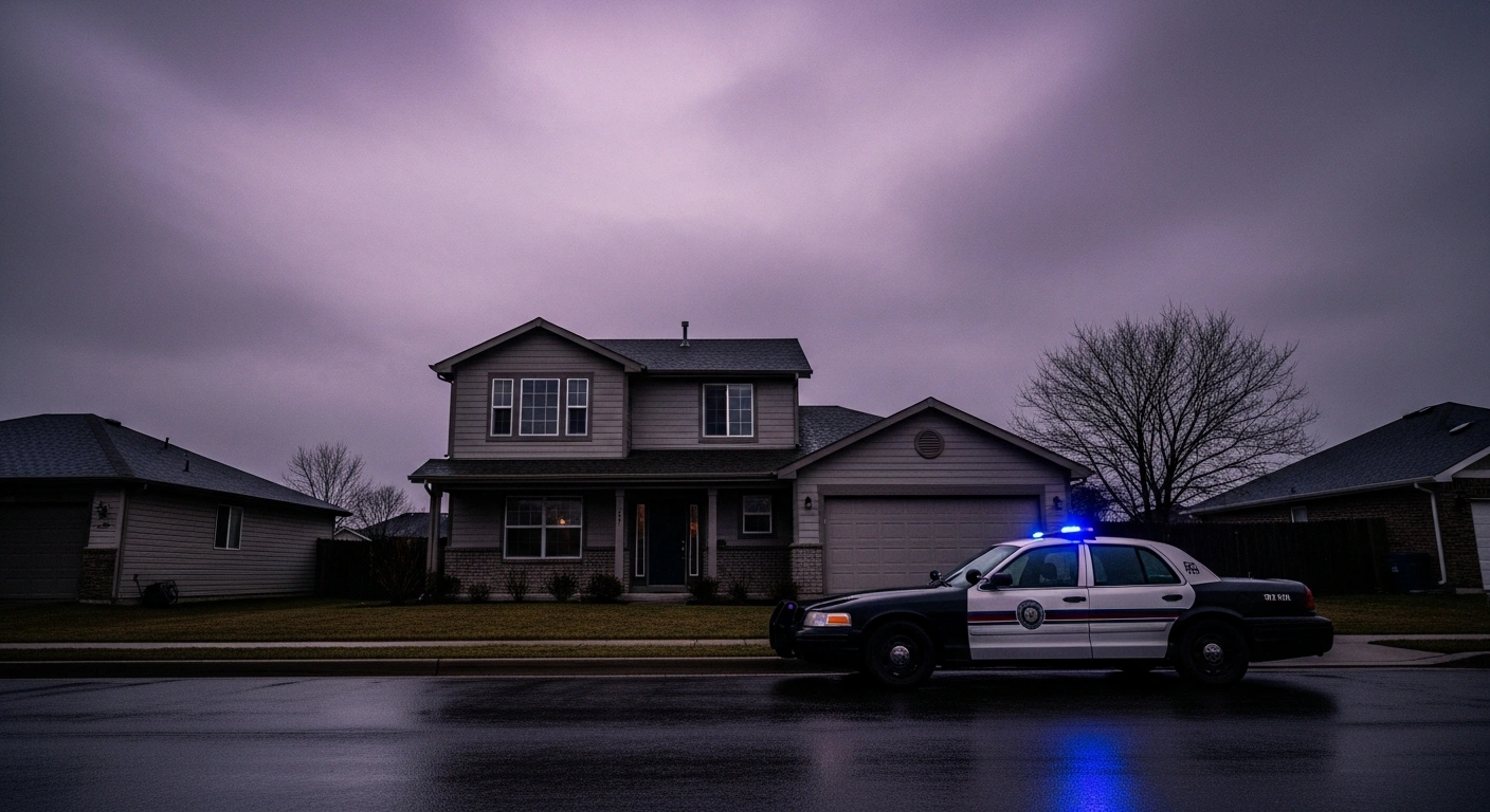 A police cruiser is parked in front of a dimly lit suburban house at dusk, symbolizing the ongoing investigation into the suspected gender violence and murder-suicide of a 60-year-old woman in Alpedrete, Madrid.