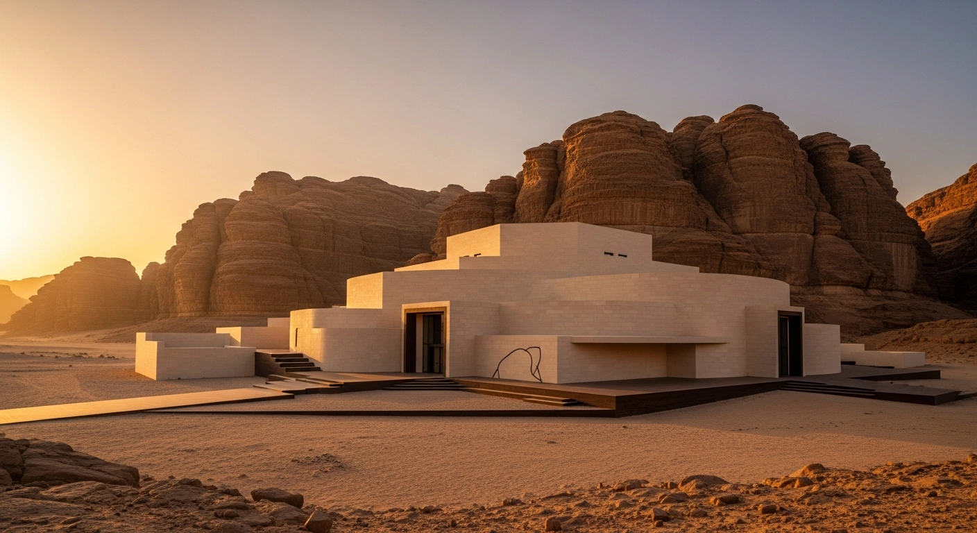 A wide, cinematic shot at magic hour shows the AlUla Contemporary Art Museum, designed by Lina Ghotmeh, emerging from ancient sandstone cliffs in AlUla, symbolizing the cultural development driven by Saudi Arabia's Royal Commission for AlUla as part of the larger AlUla project.