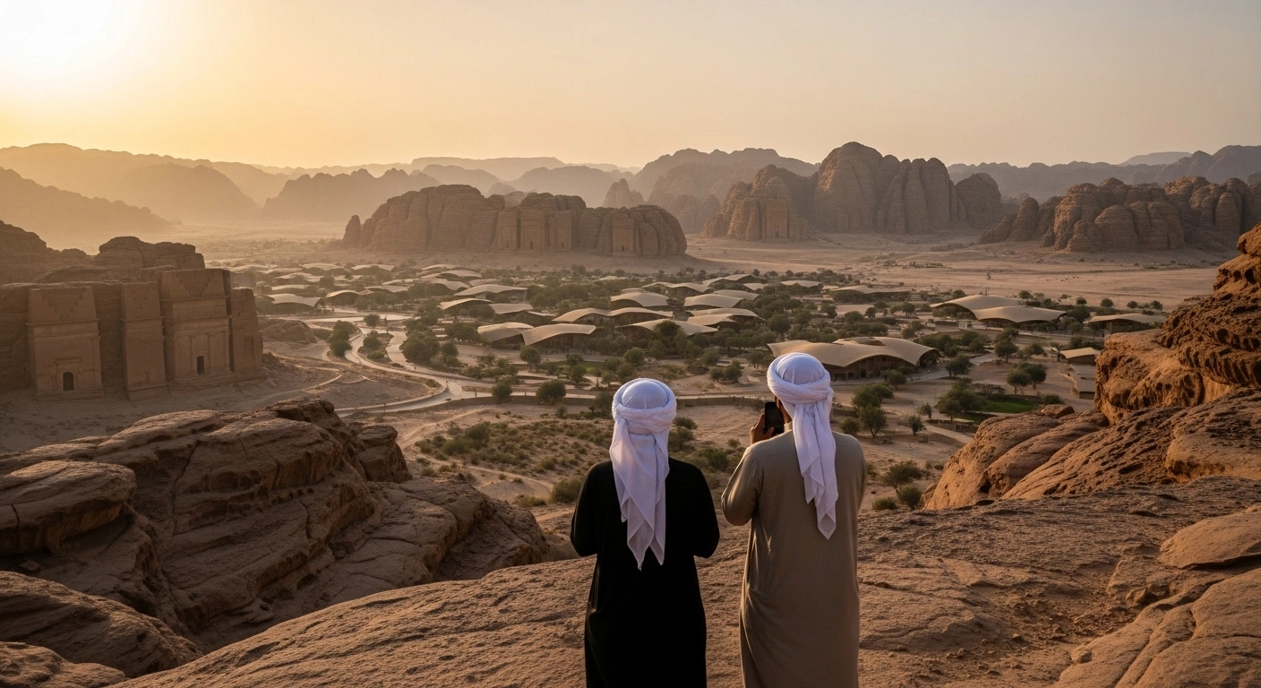 A wide, low-angle shot at golden hour shows two figures gazing over the majestic AlUla landscape, where ancient sandstone formations meet subtle, sustainable architectural elements, symbolizing the strategic partnership between the Saudi Ministry of Culture and the Royal Commission for AlUla for cultural and sustainable development, aligning with Vision 2030.