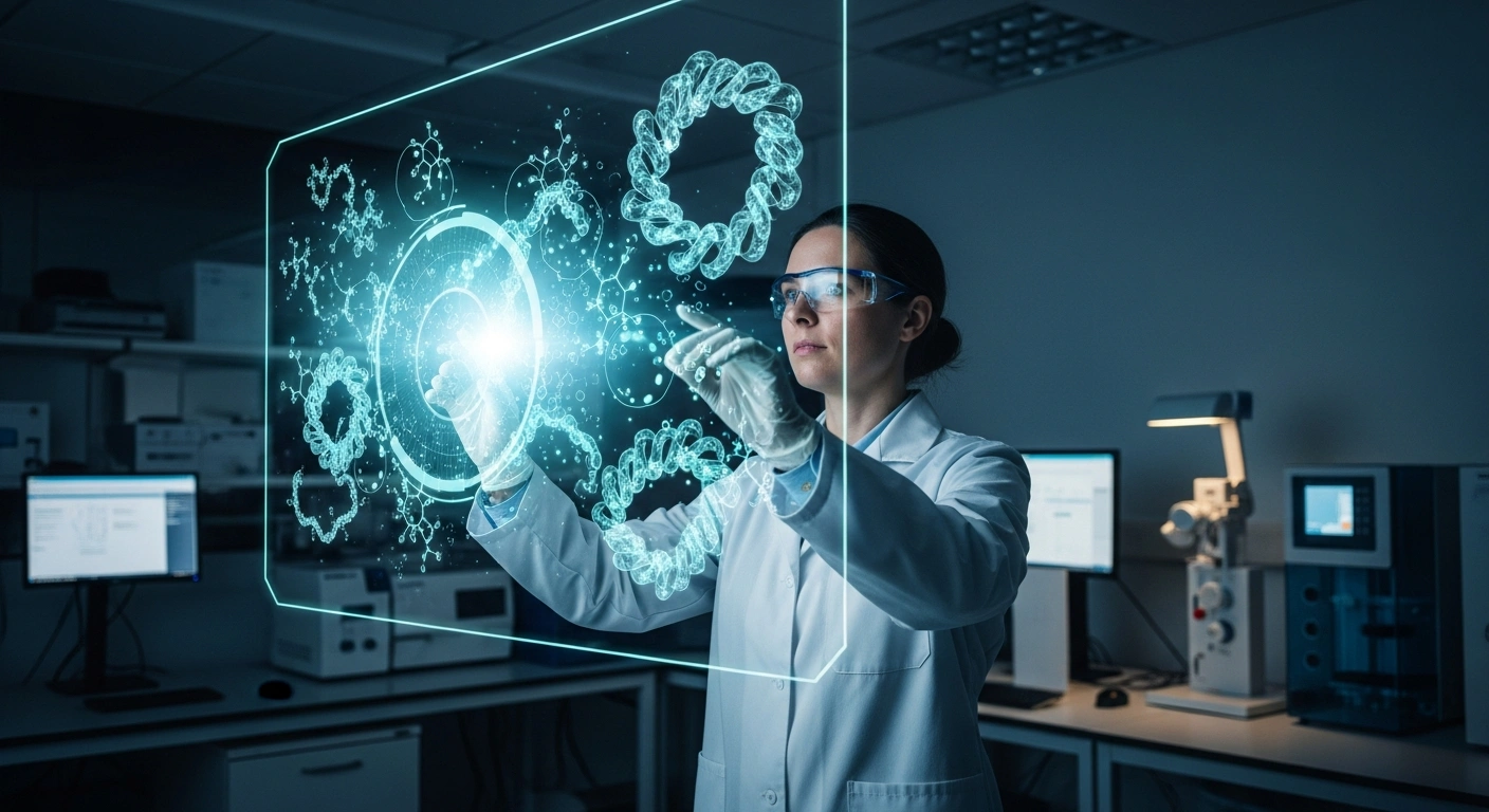 Dr. Ángel Álvarez-Prado, a scientist from the Luxembourg Institute of Health, is depicted in a high-tech laboratory, intently observing a holographic display of complex molecular structures, symbolizing his research into translational cancer immunogenomics and personalized immunotherapy strategies for aggressive brain cancers, supported by a €250,000 EMBO Installation Grant.