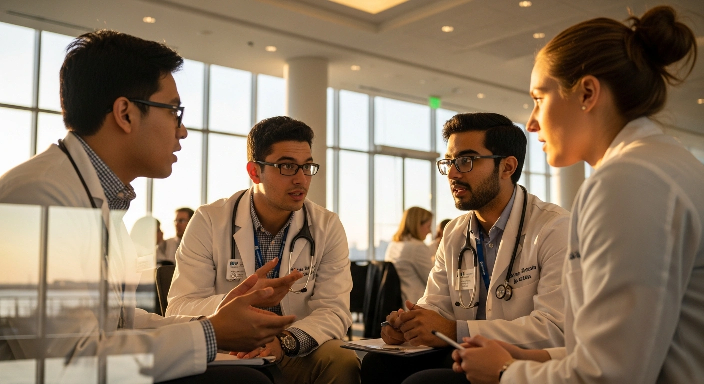 A diverse group of four medical students are engaged in a spirited discussion within a modern conference hall, illuminated by golden hour light, reflecting the American Medical Association's Medical Student Section's 2025 Interim Meeting in National Harbor, Maryland, where over 400 students discussed resolutions and elected new representatives.