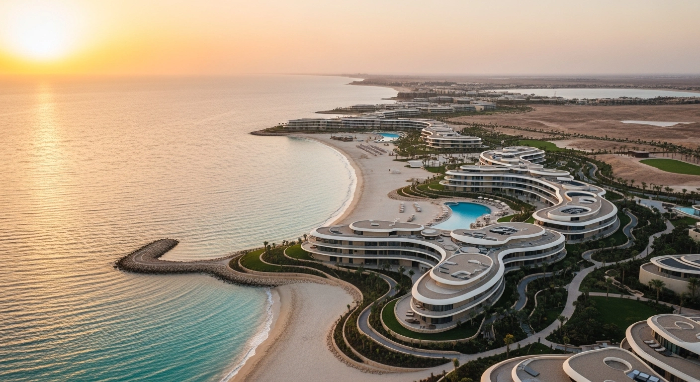 An aerial view of the ultra-luxury, wellness-focused AMAALA Triple Bay coastal destination on Saudi Arabia's northwestern coast at golden hour, showcasing its sustainable architecture blending with pristine turquoise waters and white sand beaches, reflecting the Vision 2030 project by Red Sea Global.