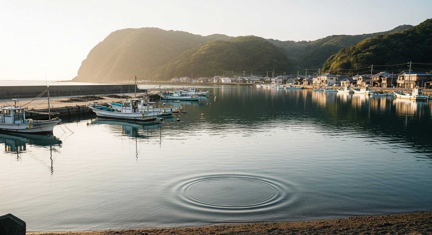 A serene coastal village on Amami-Oshima Island, Japan, with fishing boats gently bobbing in the harbor under late afternoon light, depicting the aftermath of a 5.6-magnitude earthquake with no tsunami advisory.