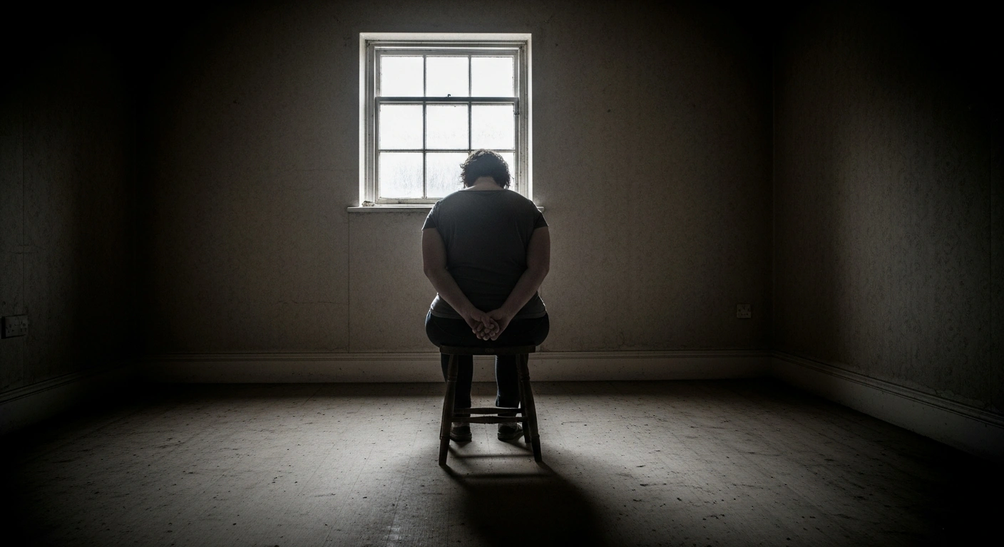 A stark, dimly lit domestic interior shows a vulnerable woman in her mid-40s, hunched on a worn stool, symbolizing the 25 years of forced labor, abuse, and isolation she endured as a 'house slave' under Amanda Wixon.