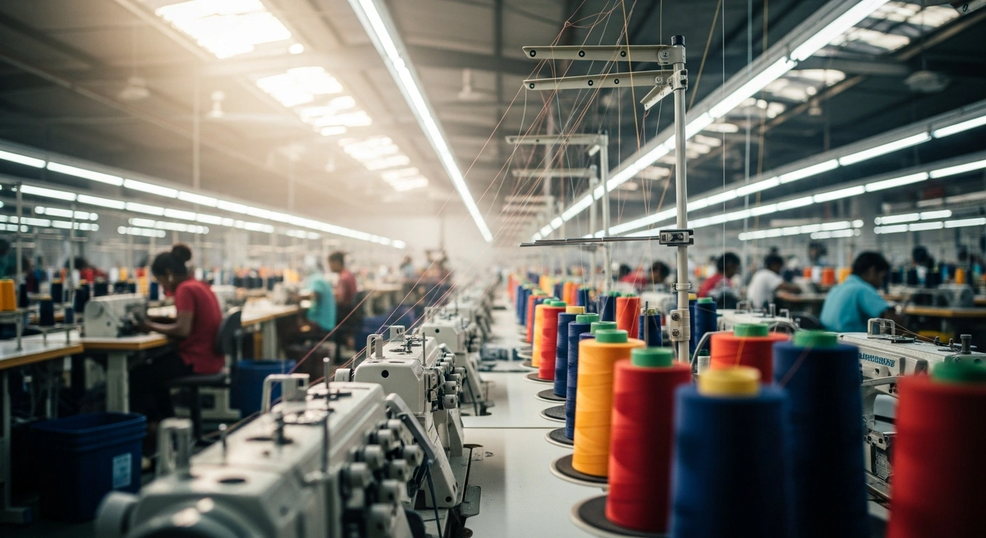 A modern textile manufacturing facility in Bangladesh shows rows of industrial sewing machines and spools of thread as part of the AMANN Group production expansion.