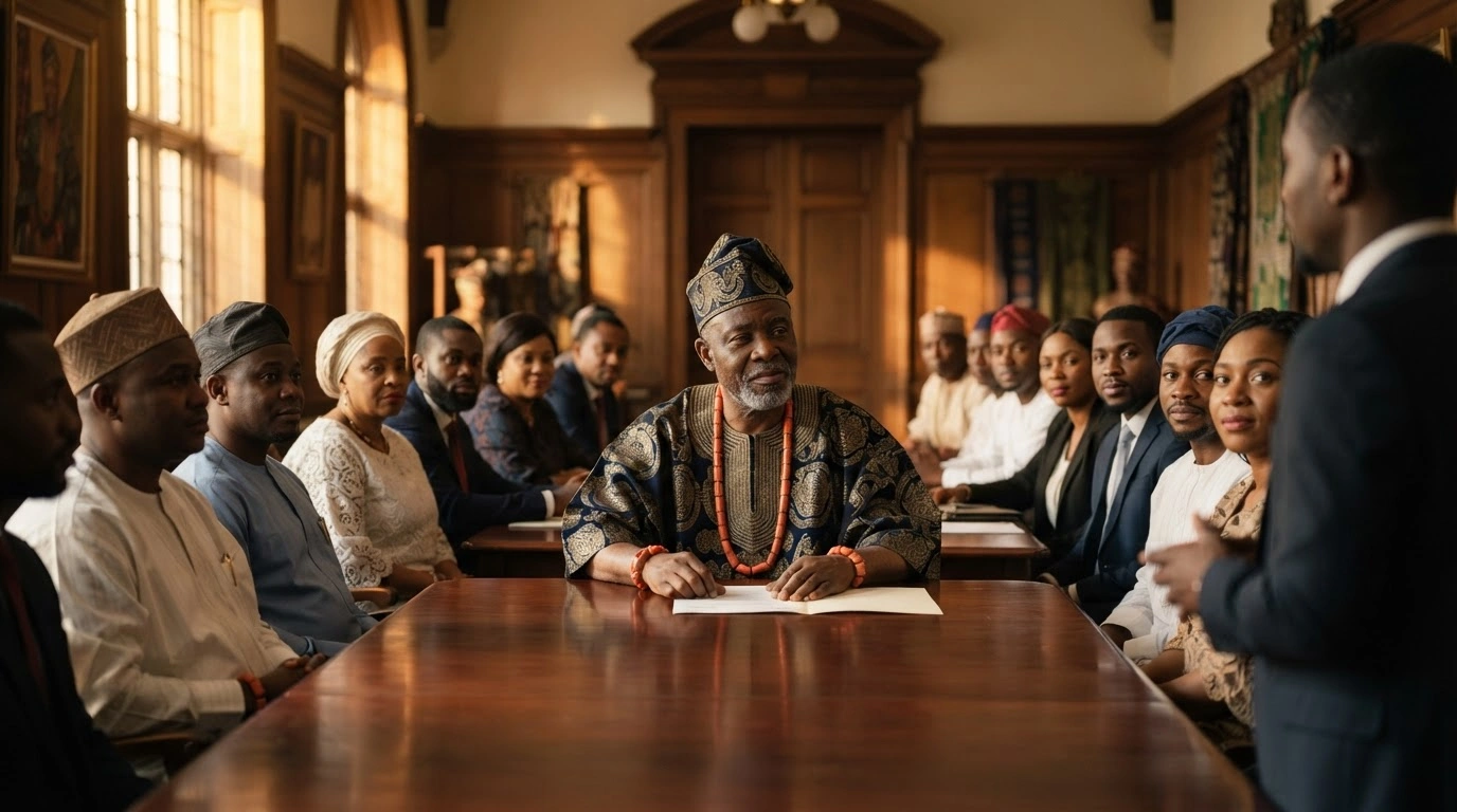 Alhaji Mujahid Abubakr Dokubo-Asari, the Amanyanabo of the Source, sits with his planning committee members during the inauguration for his upcoming coronation ceremonies in Nigeria.