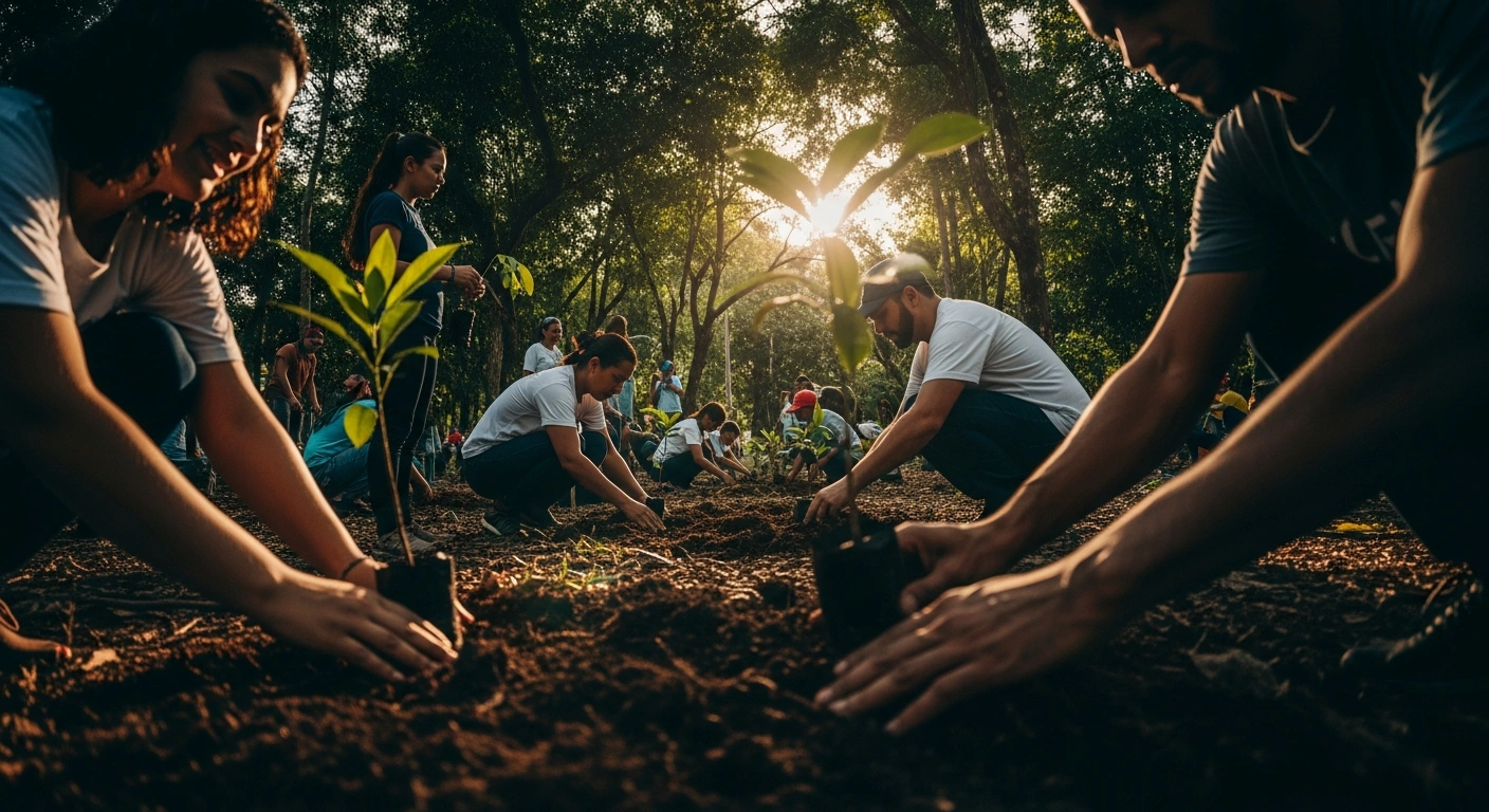A group of volunteers plants native trees in a park in Macapá during the Junho Verde 2026 environmental awareness campaign.