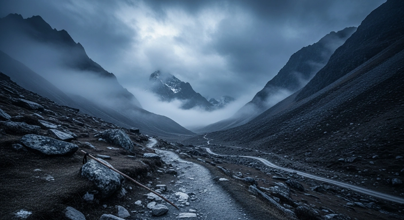 The rugged Himalayan mountain trail used for the Shri Amarnathji Yatra is empty and shrouded in heavy mist due to the temporary suspension of the pilgrimage caused by severe weather.