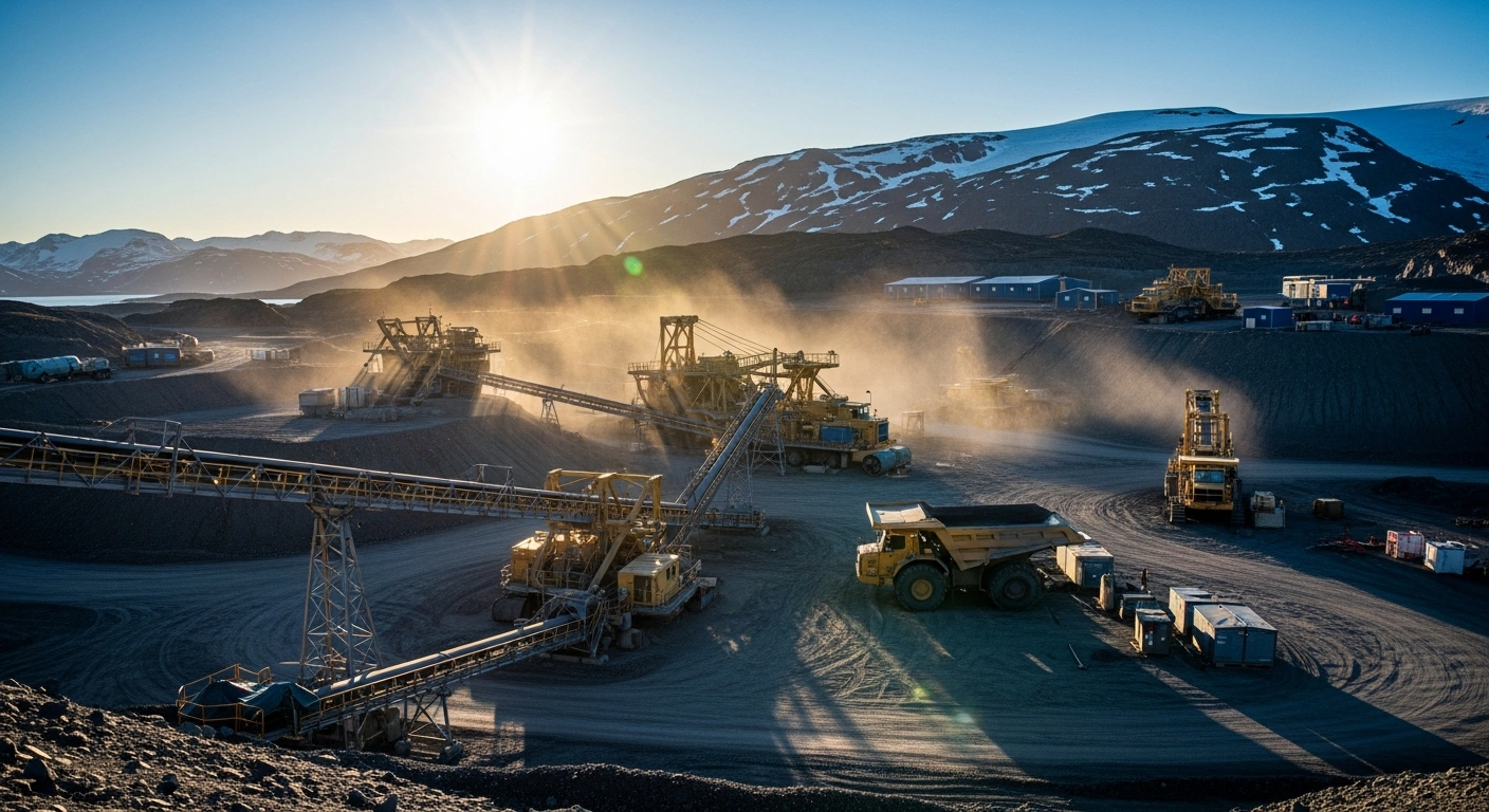 An aerial view of an Amaroq Minerals gold mining site in Greenland during a productive quarter of operations.