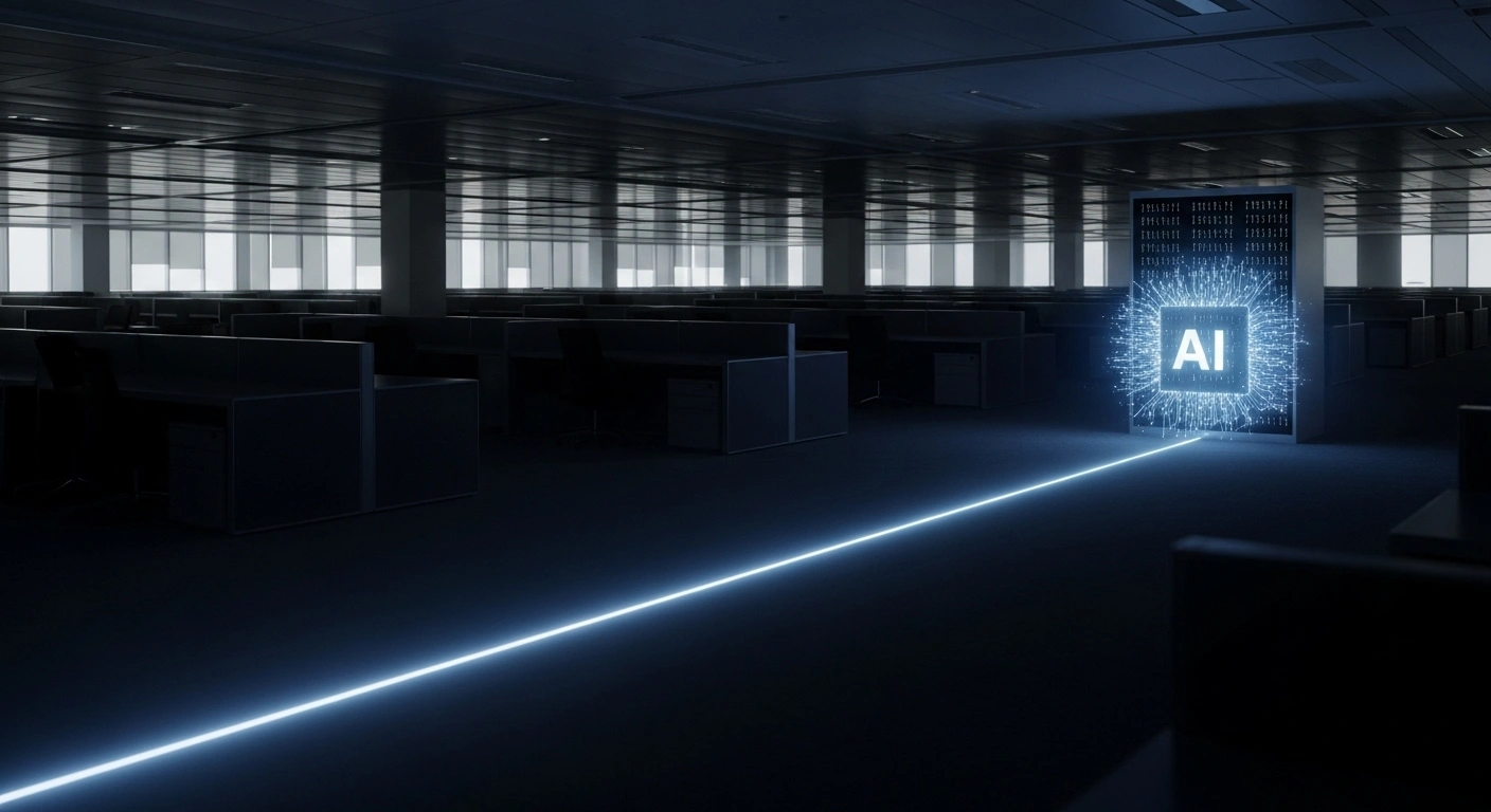 A wide, low-angle shot of a dimly lit, largely empty corporate office floor with rows of dark cubicles, contrasted by a central, glowing abstract AI core pulsating with electric blue light, symbolizing Amazon's corporate job cuts and intensified focus on artificial intelligence for a leaner, more efficient organization.