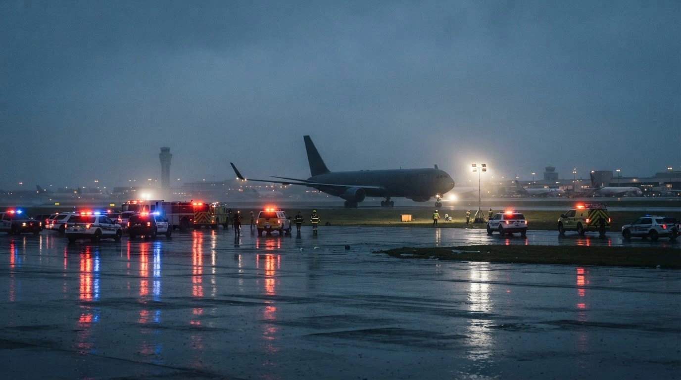 Emergency vehicles and investigators work on a dark, wet runway at Miami International Airport following a fatal cargo plane accident.
