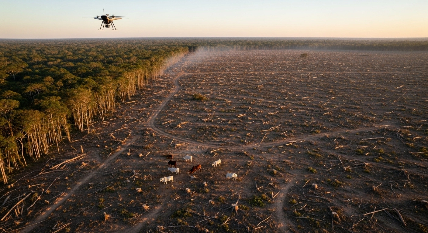 A wide drone shot captures a deforested section of the Brazilian Amazon, showing a stark contrast between dense rainforest and a dusty, cleared expanse with cattle, illustrating the impact of illegal cattle ranches on Indigenous lands in Pará state.