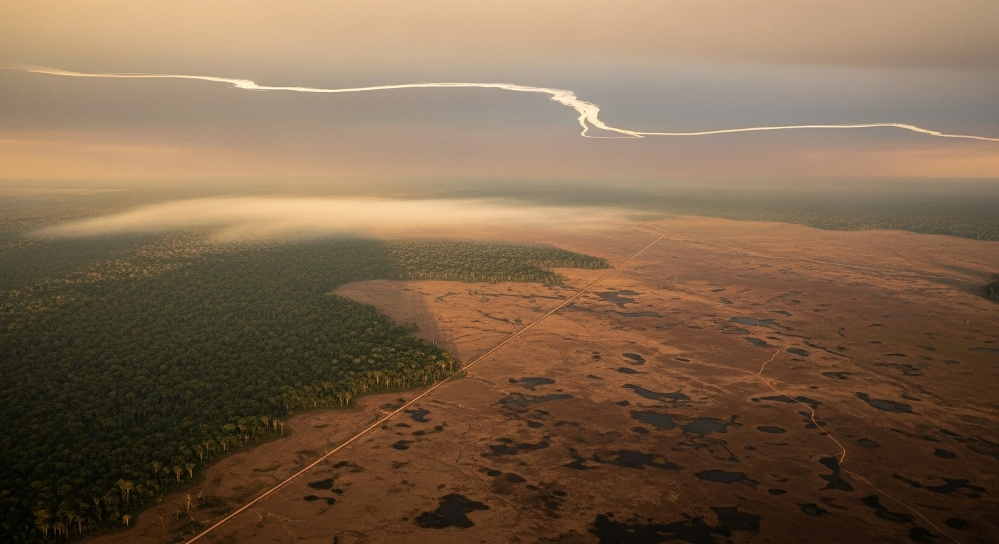 An aerial view of the Amazon rainforest shows a stark contrast between lush green areas and parched earth, with thin, dissipated atmospheric moisture currents above a hazy, smoke-tinged sky, illustrating the weakening 'flying rivers' due to deforestation and climate change.