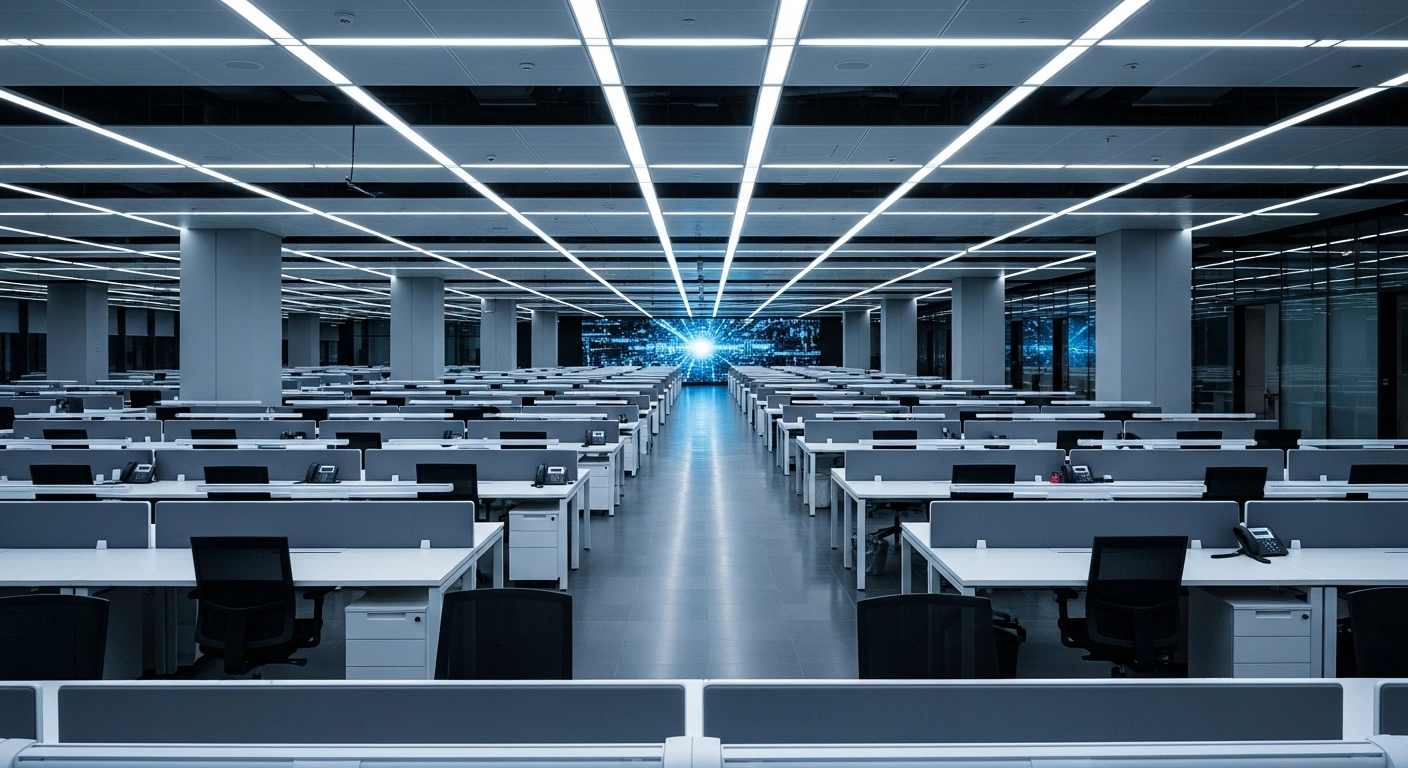 A wide, low-angle shot of a vast, sterile corporate office floor with empty workstations and a glowing digital display, symbolizing Amazon's corporate job cuts in Madrid and Barcelona driven by efficiency and AI investment, despite government criticism.