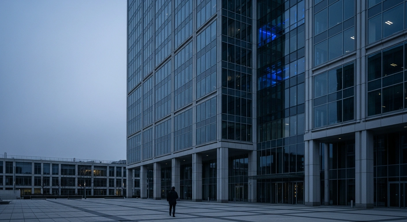 A modern glass and steel corporate headquarters building is seen at dusk, with a lone silhouetted figure walking away from the entrance, representing the 370 job reductions at Amazon's European headquarters in Luxembourg as part of a global restructuring and shift towards artificial intelligence impacting software developers.