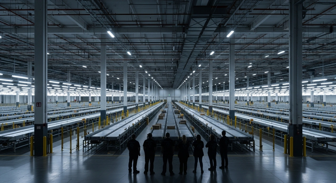 A wide, cinematic shot captures the vast, dimly lit interior of an Amazon fulfillment center, with dormant conveyor belts and a small group of employees in the foreground, symbolizing the closure of Amazon's Milton Keynes facility and the uncertainty faced by 590 affected employees offered transfers.