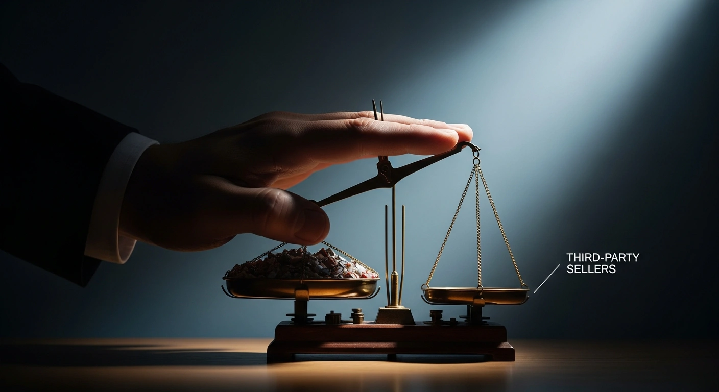 A dramatic low-angle shot depicts a colossal hand, symbolizing Amazon, pressing down heavily on one side of an antique weighing scale, representing algorithmic price controls that distorted competition for third-party sellers, while a sharp beam of light, symbolizing Germany's Bundeskartellamt, illuminates the imbalance following a significant fine.