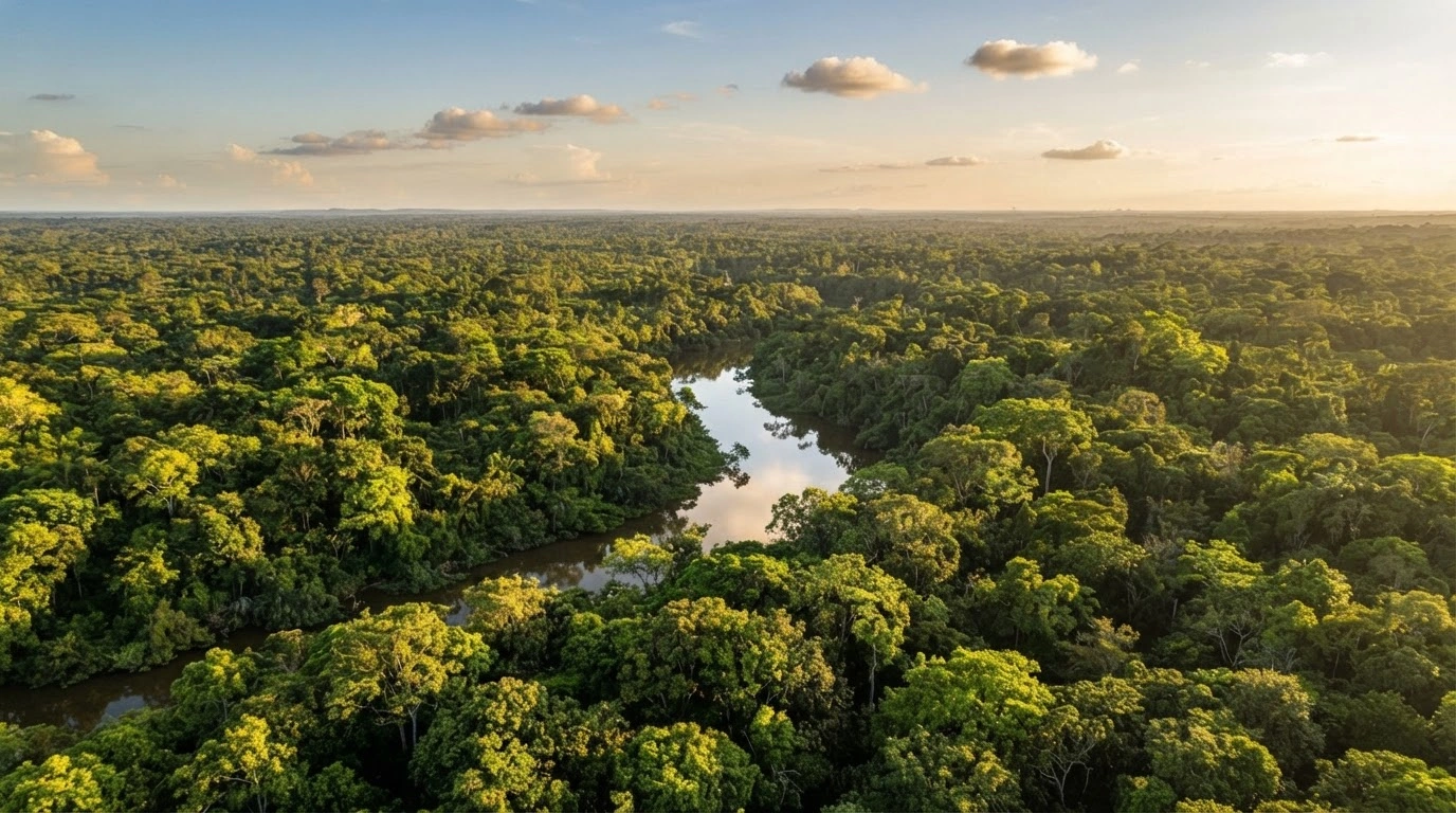 A vast, lush expanse of the Amazon rainforest canopy is illuminated by golden sunlight, representing the significant decline in deforestation rates in Brazil.