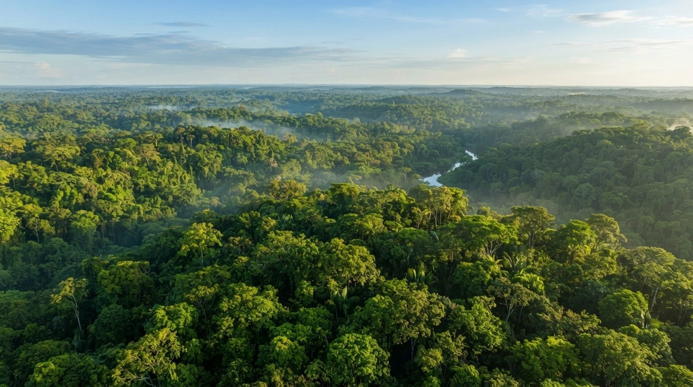 A vast, lush expanse of the Amazon rainforest canopy is shown under morning light, representing the significant decline in deforestation in Brazil.