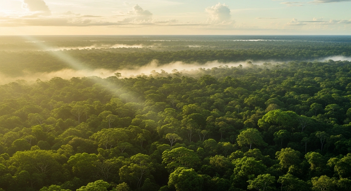 A vast, lush expanse of the Amazon rainforest in Brazil is illuminated by golden sunlight, representing a significant decline in global tropical forest destruction.