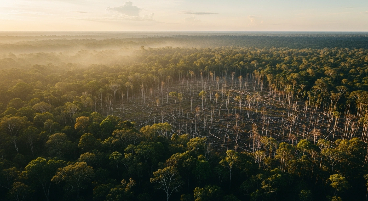 An aerial view of the Amazon rainforest shows a mix of dense green canopy and areas damaged by selective logging and fire, illustrating the ongoing challenge of forest degradation.