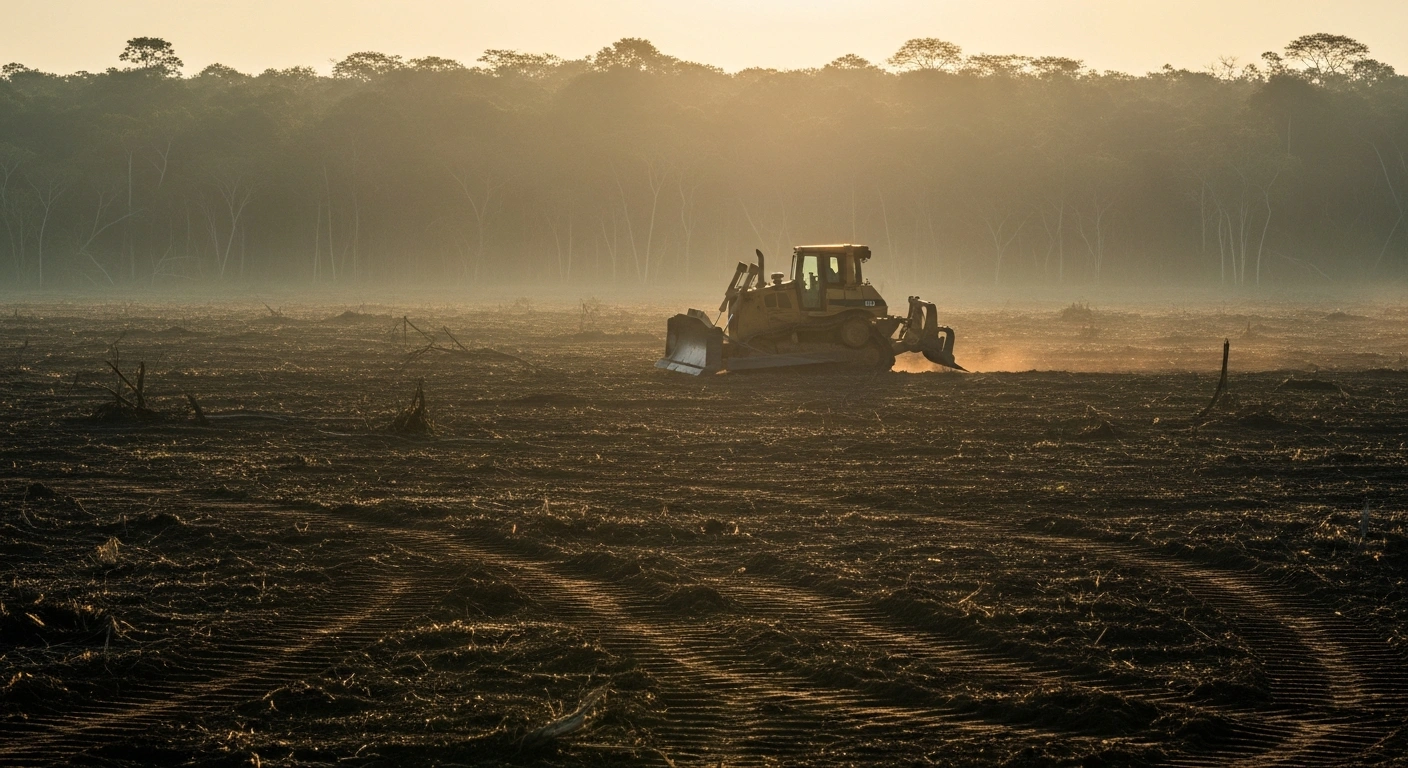 A wide, cinematic shot at dawn depicts a lone bulldozer on recently cleared, scorched earth, silhouetted against the rising sun, with the dense, vibrant green canopy of the Amazon rainforest in the background, illustrating the potential impact of Brazilian soy companies' withdrawal from the Amazon Soy Moratorium and concerns about increased deforestation.