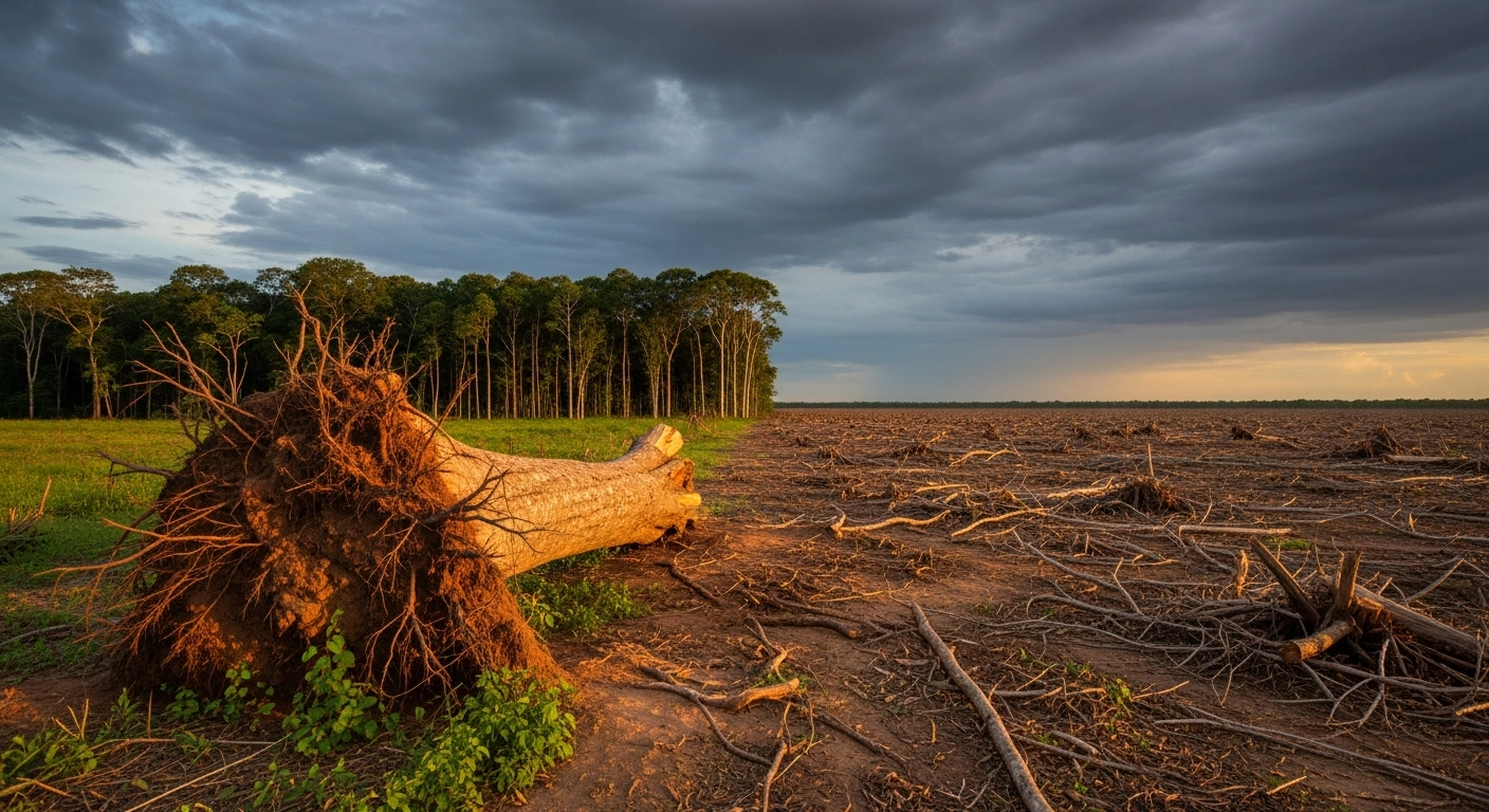 A wide, cinematic shot of the Amazon rainforest showing a stark contrast between a lush, vibrant green canopy and a recently deforested, scarred landscape under a bruised sky, symbolizing the urgent need for new safeguards for Amazon soy.