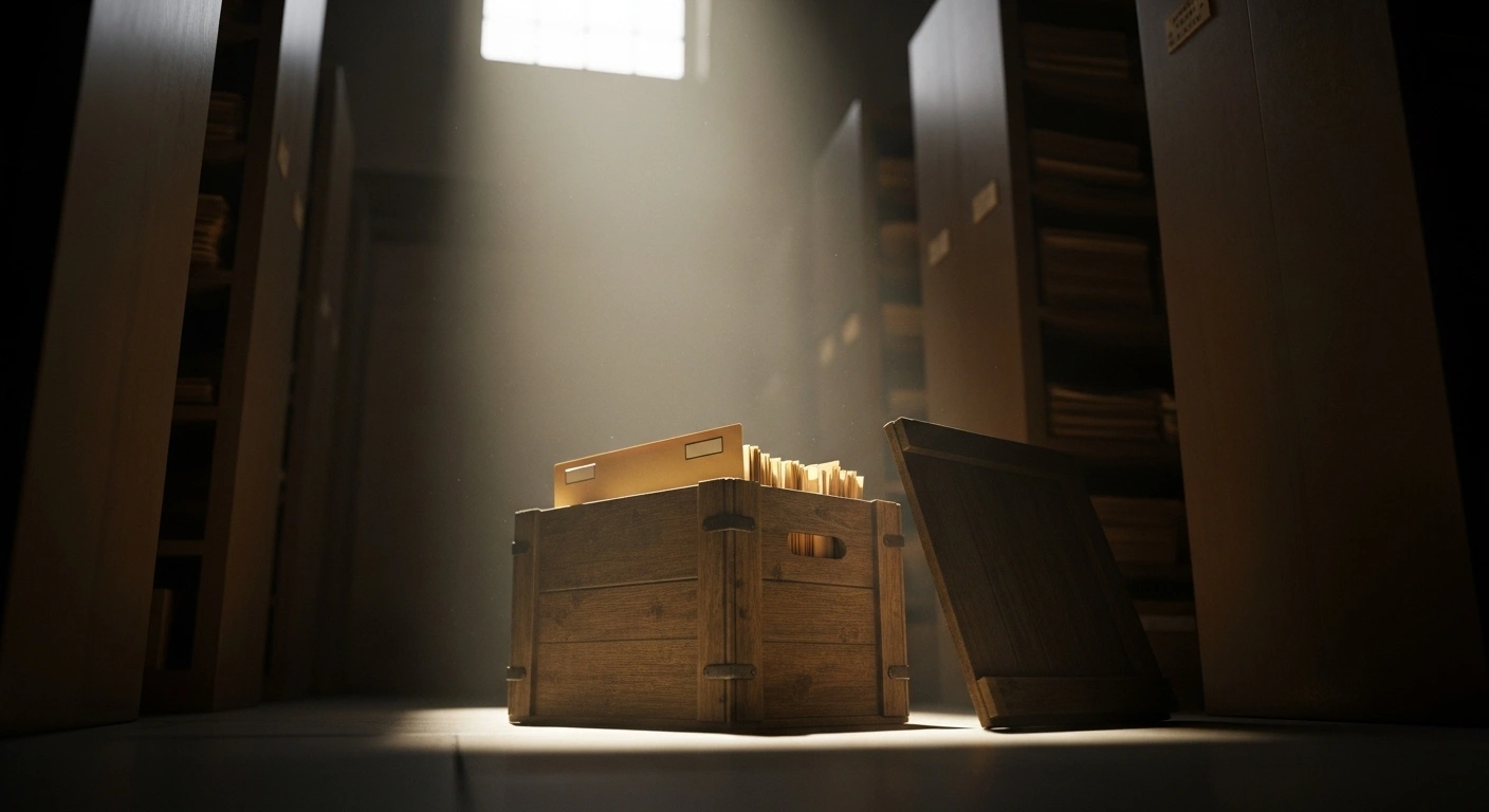 A dramatic beam of light illuminates a weathered wooden crate in a dusty, dimly lit government archive, symbolizing the declassification of records related to aviator Amelia Earhart's 1937 disappearance.