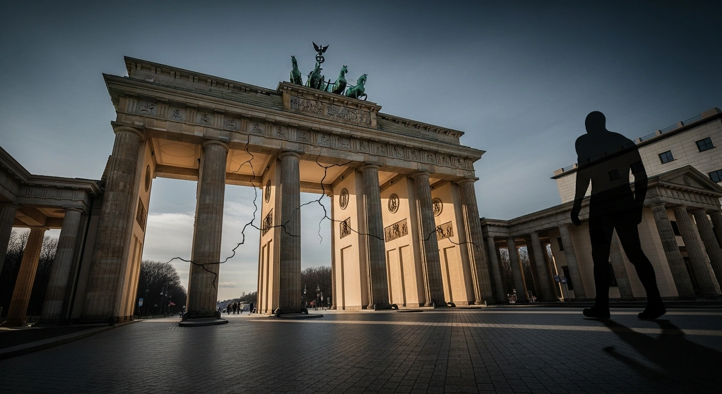 A low-angle, wide shot depicts the Brandenburg Gate with subtle fissures under a bruised twilight sky, as a colossal, abstract figure representing the United States walks away in the distance, symbolizing the 'America First' National Security Strategy's perceived threat to Europe and the European Union, causing concern in Germany.