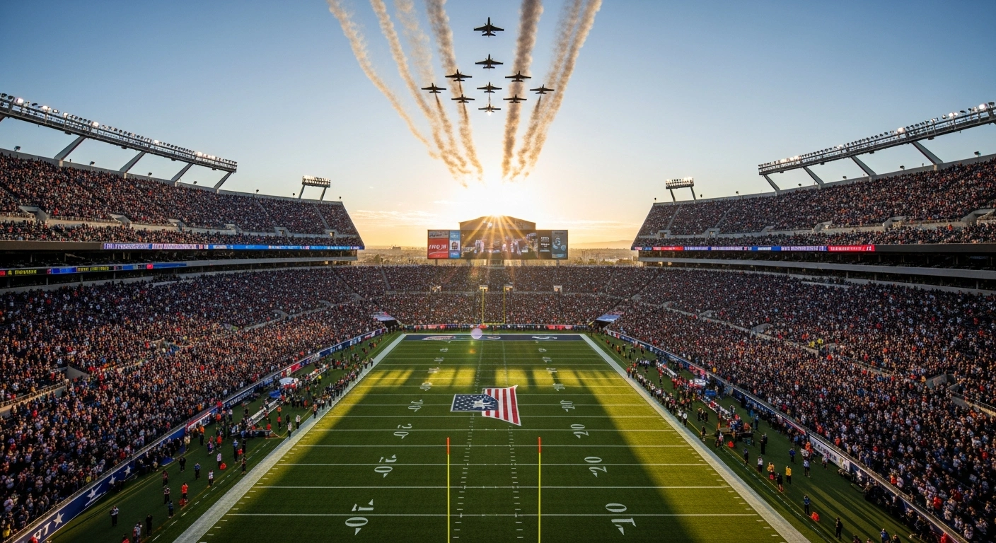 A military flyover of several jets soars over a packed football stadium during Super Bowl LX in Santa Clara, California, celebrating America250's 250th anniversary of the Declaration of Independence with NFL fans, featuring subtle field markings and hinting at special uniform patches for the February 8, 2026 event.