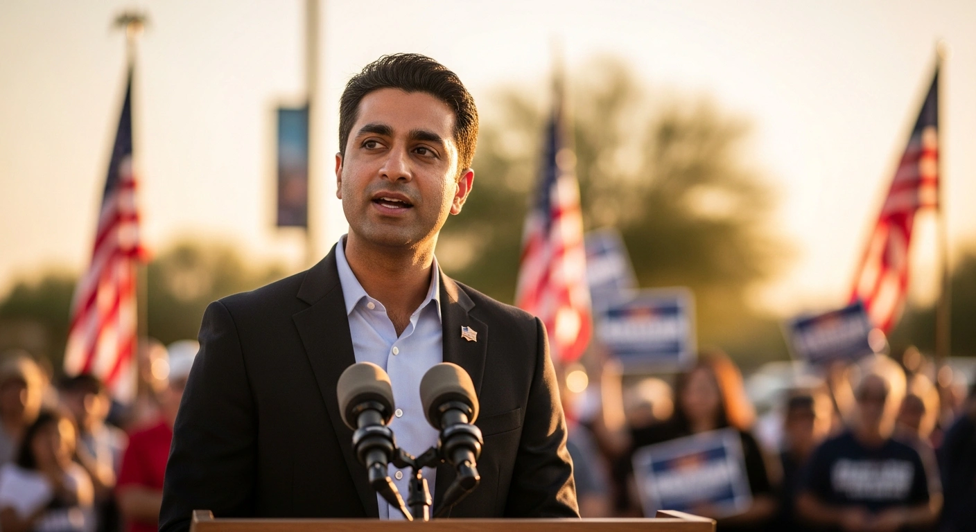 Amish Shah stands on a podium after winning the Democratic primary for Arizona's 1st Congressional District.