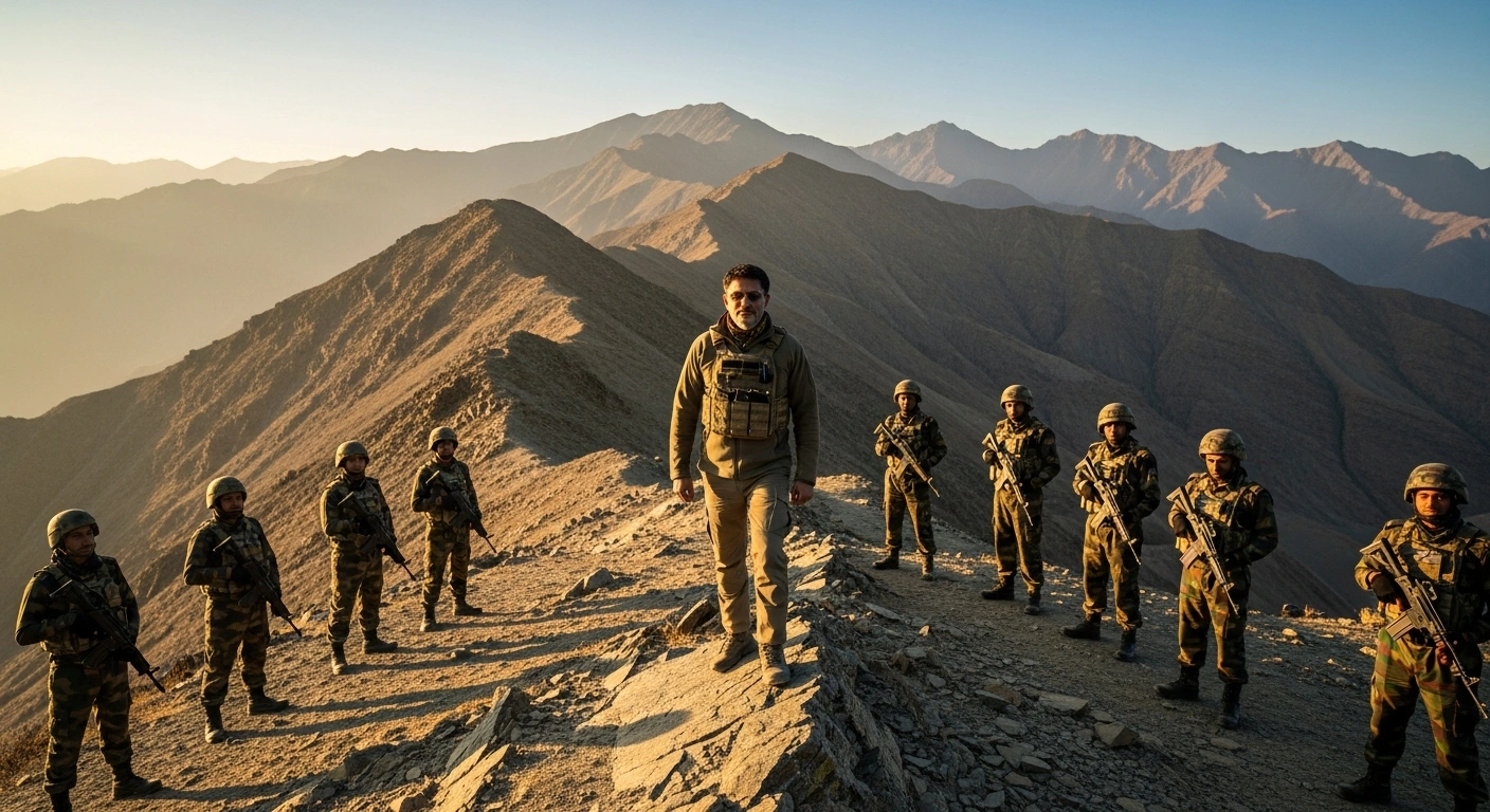 Union Home Minister Amit Shah visits a remote Indian border outpost to inspect security infrastructure and interact with stationed military personnel.