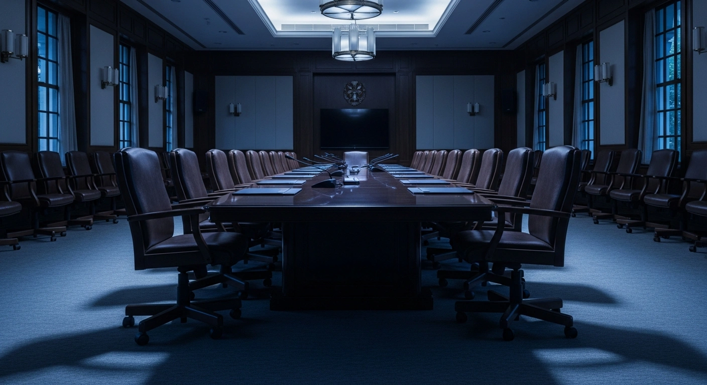 An empty boardroom with vacant chairs symbolizes the mass resignation of the Association of Malayalam Movie Artistes executive committee.