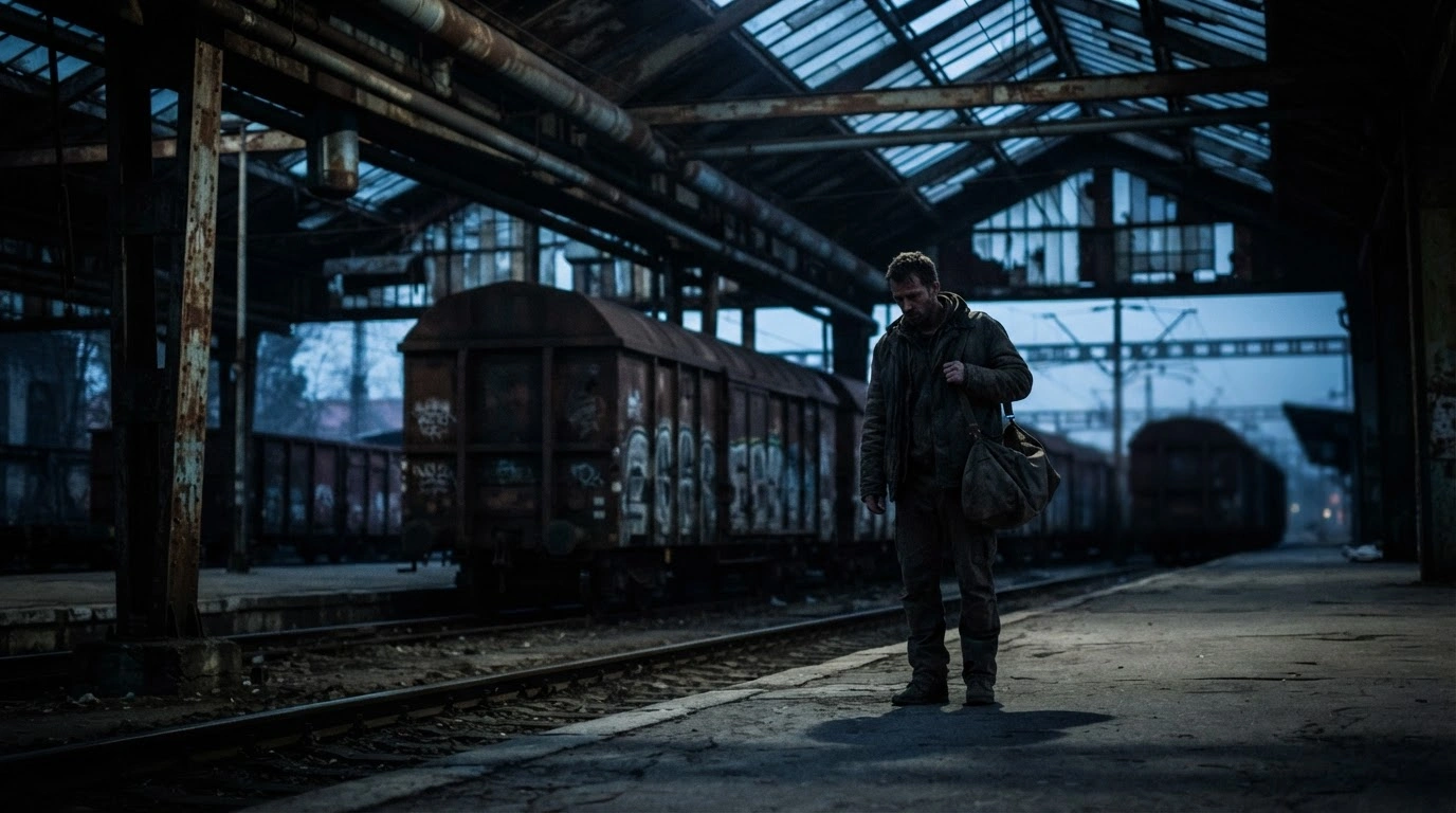A lone individual stands in a desolate industrial setting, representing the human trafficking and forced recruitment of foreign nationals for the war in Ukraine as reported by Amnesty International.