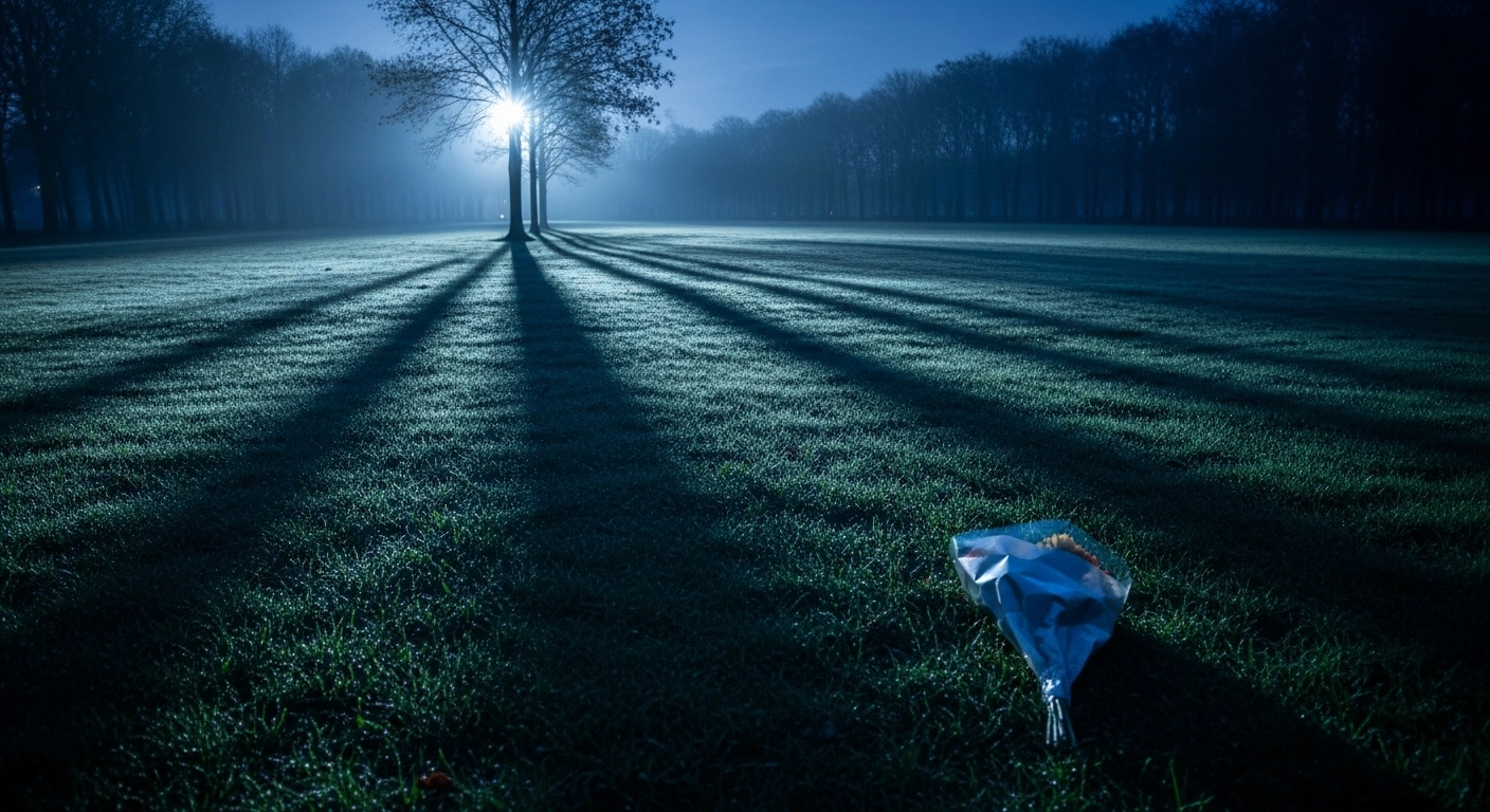 A desolate, pre-dawn view of Piet Wiedijk Park in Amsterdam, illuminated by a distant streetlamp, features a single, out-of-focus floral tribute in the foreground, symbolizing the tragic shooting deaths of two Syrian teenagers, Mohammad and Mohammed, on New Year's Day 2026, an event still under investigation by police.