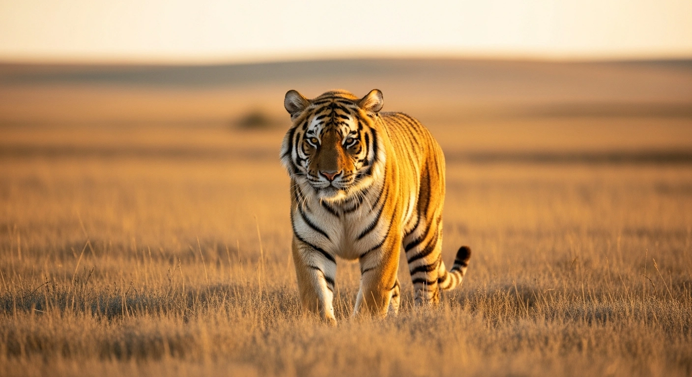 A majestic Amur tiger walks through the golden grasslands of Kazakhstan as part of a conservation effort to restore the species in the region.
