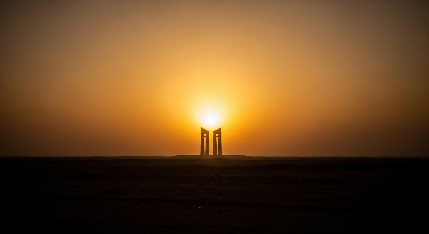 A symbolic representation of diplomatic tension in the Middle East featuring two silhouettes in a desert landscape as the African National Congress calls for peace between the United States, Israel, and Iran.