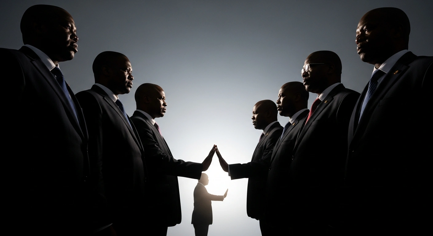 A photorealistic image depicting the African National Congress (ANC) National Executive Committee as a group of resolute figures, standing firm under stark lighting, symbolically condemning the 'PM27' campaign and the premature presidential ambitions of Patrice Motsepe for 2027, which they view as a source of disunity and distraction.