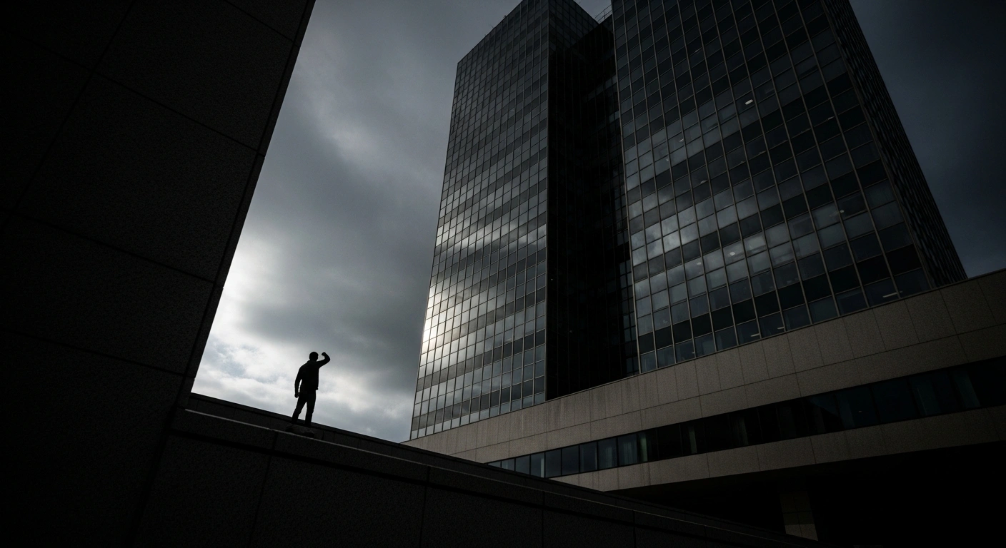 A lone figure stands defiantly before a towering, modern building under a stormy sky, symbolizing the African National Congress's concerns over Communications Minister Solly Malatsi's amendments to ICT sector equity ownership and South Africa's transformation framework.