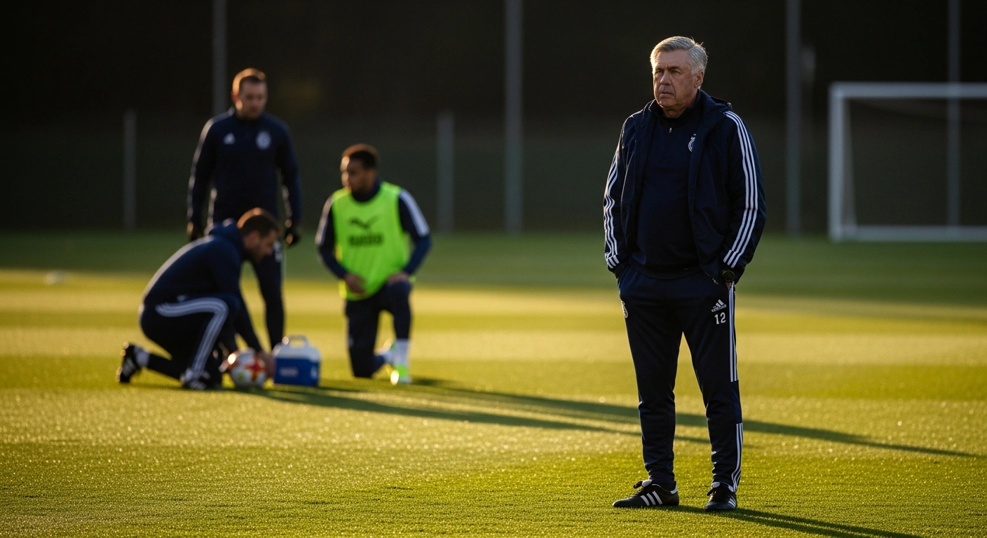 Brazil head coach Carlo Ancelotti observes a training session while medical staff monitor winger Raphinha's fitness ahead of a World Cup match.