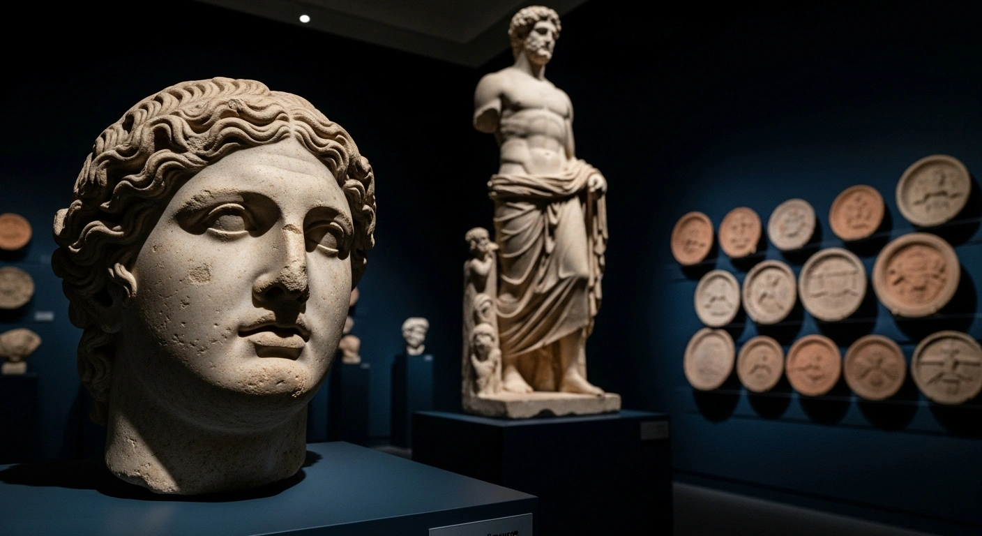 A dramatically spotlit classical marble head, possibly Demosthenes, stands prominently with a majestic 'Nude Emperor' statue and numerous terracotta plaques arranged behind it, representing the ancient artifacts valued over $2.5 million recently repatriated to Turkey from illicit trafficking.