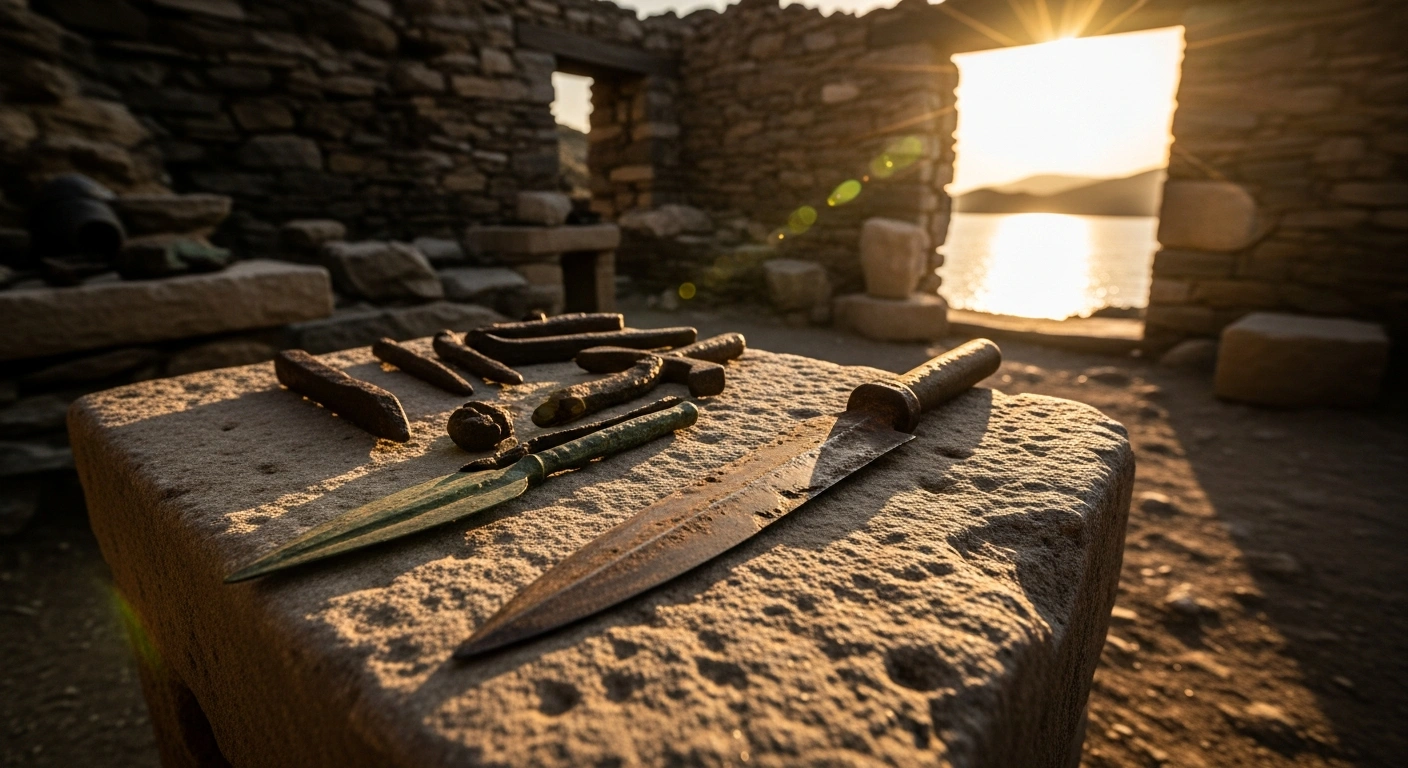 Archaeologists examine an ancient Hellenistic weapons production site featuring bronze artifacts and stone ruins on the island of Andros.
