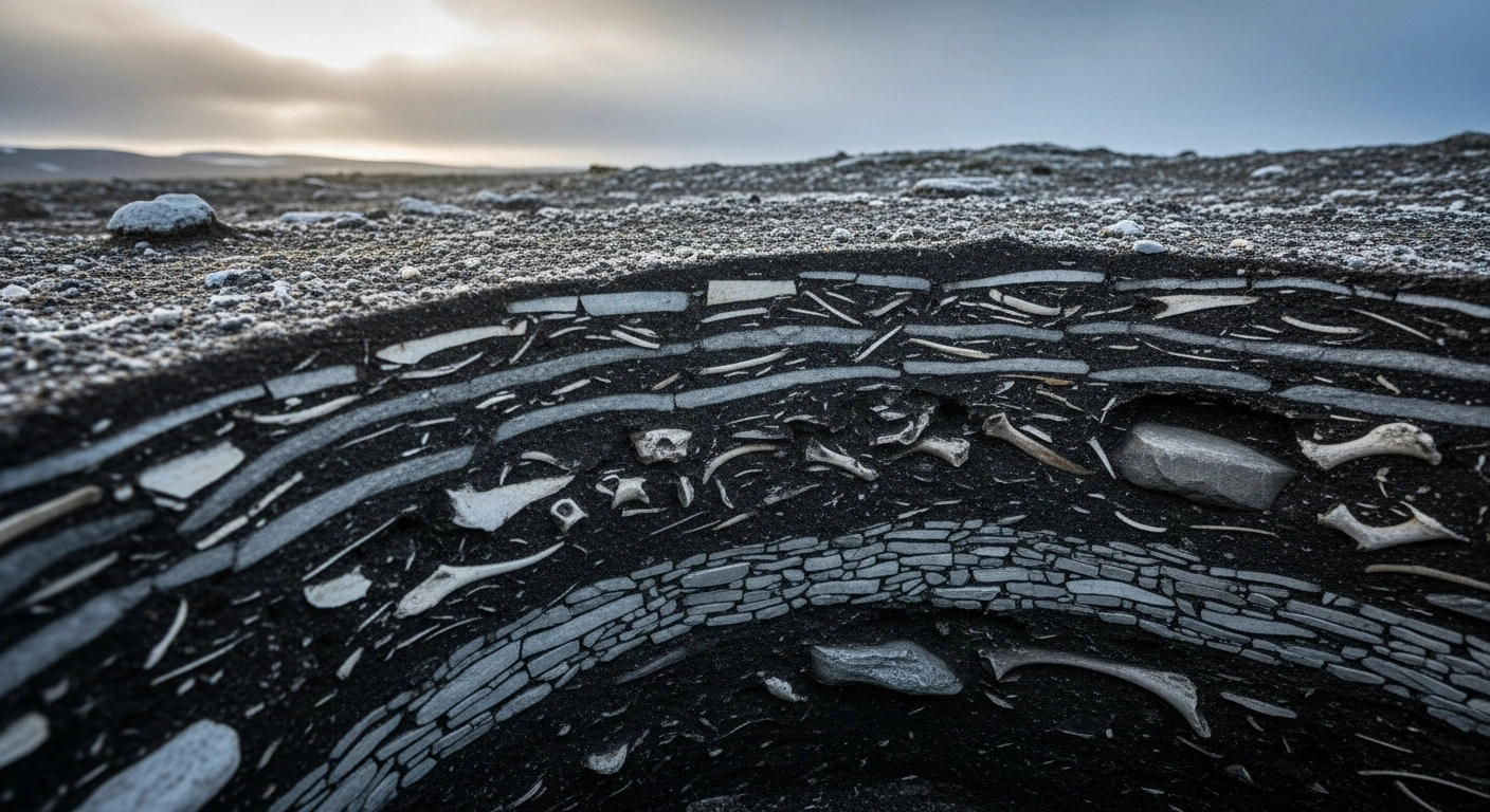 A detailed cross-section of an ancient midden in Greenland reveals layers of historical artifacts and organic matter preserved in the Arctic soil.